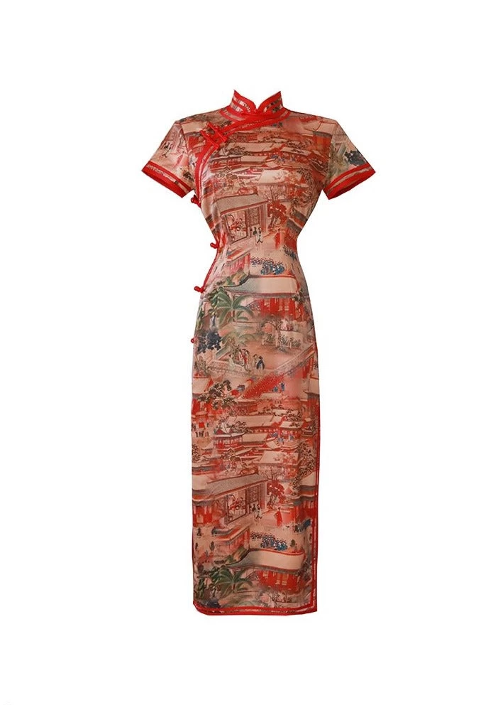 Women Vintage Satin Qipao MeilRed Painting Print | HANFUBAO