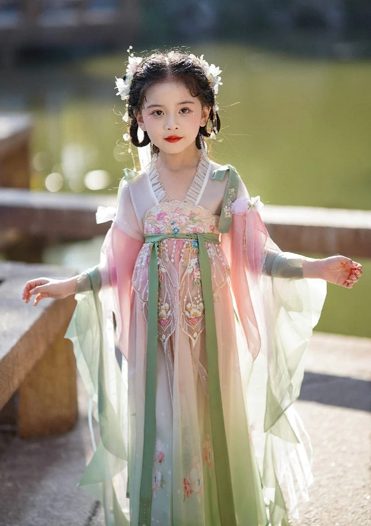 Girls Daily Hanfu Chiffon Pink Flower Embroidered Dress | HANFUBAO