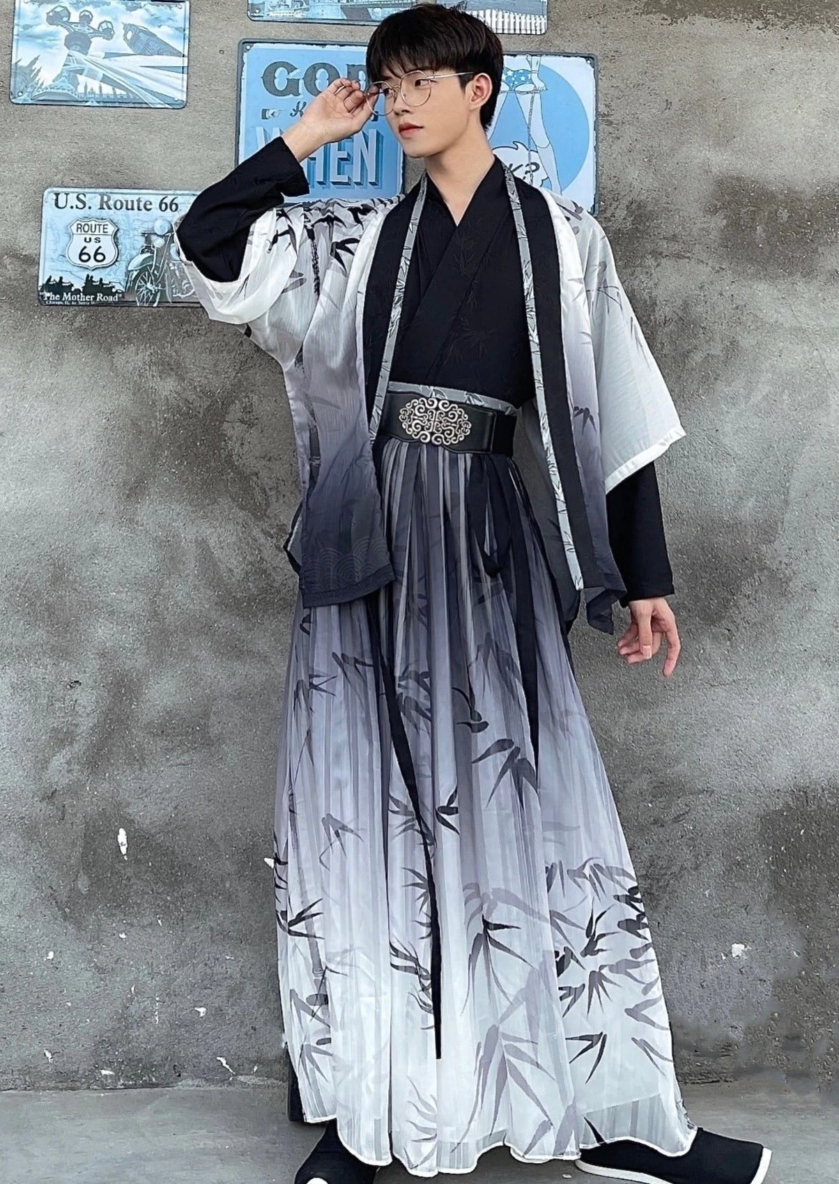 Unisex Modern Daily Hanfu Set Bamboo Pattern Black/White  | HANFUBAO