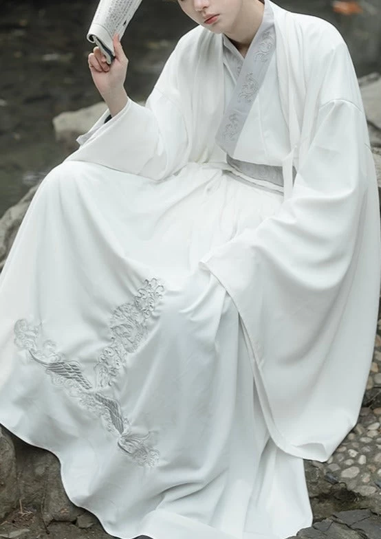 Men's Daily Hanfu Set White Crane Embroidery Yarn  Plus Size | HANFUBAO