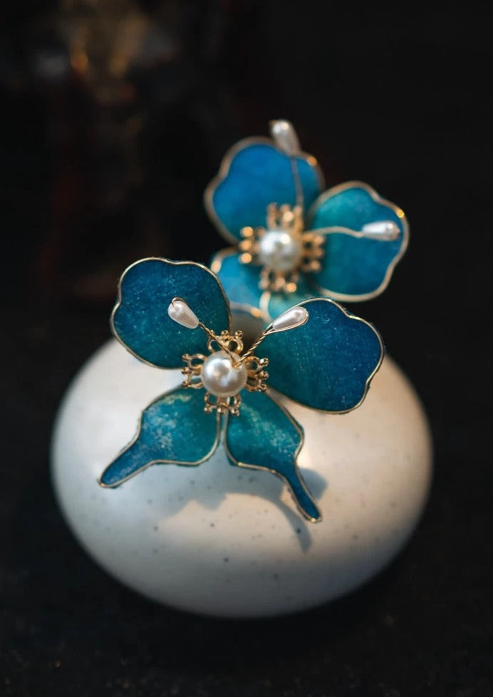 Women Blue Butterfly Fabric Hairpin Set with Faux Pearl for Hanfu Styling | HANFUBAO