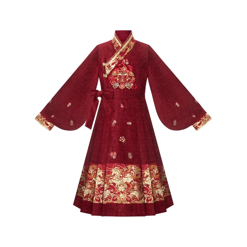 HANFUBAO | Women Brocade Hanfu 3-Piece Dress Set New Year Red Gold S-XL