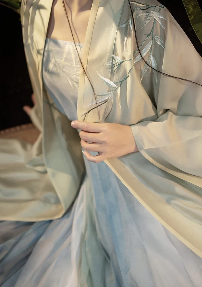 Women's Song Dynasty Daily Hanfu Set Blue Embroidered Lyocell Dress | HANFUBAO