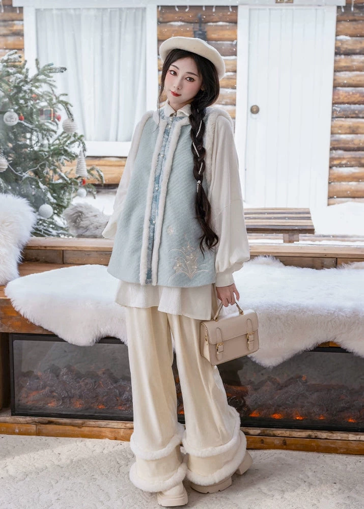 Women’s Linen-Blend Modern Daily Hanfu 3-Piece Set Snowy Plush | HANFUBAO
