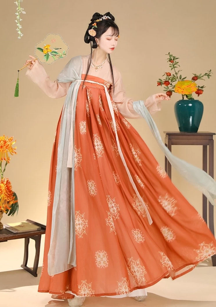 Women Tang Dynasty Hanfu Set Changan Flowers Chiffon Daily Plus Size | HANFUBAO