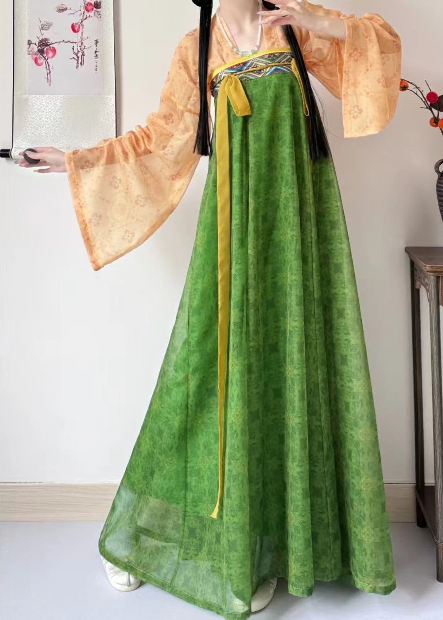 Women’s Plus Size Chiffon Modern Hanfu 3-Piece Set Beige Floral | HANFUBAO