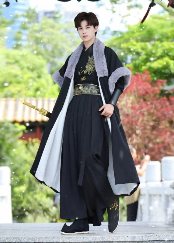 Men's 5-Piece Daily Hanfu Set Black Dragon Embroidered Plus Size| HANFUBAO