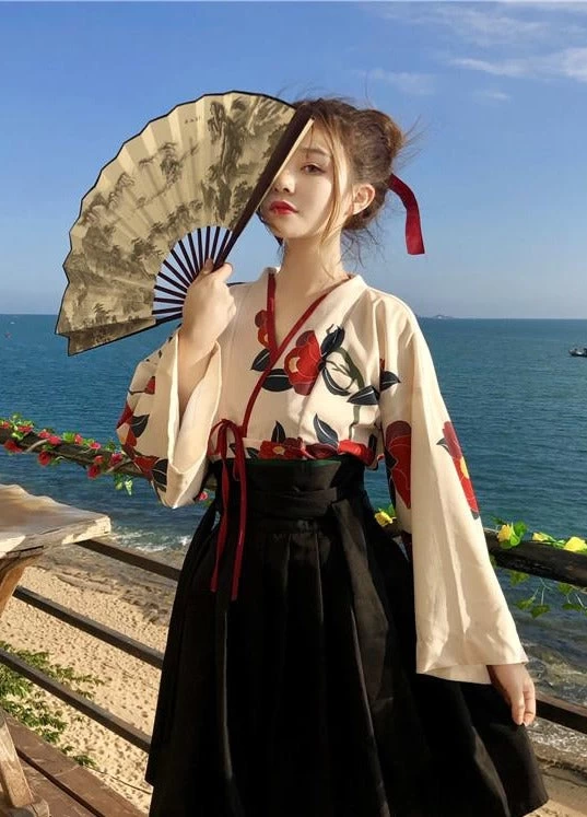 Women Modern Daily Hanfu Top & Short Skirt Black/Red Camellia Print  | HANFUBAO