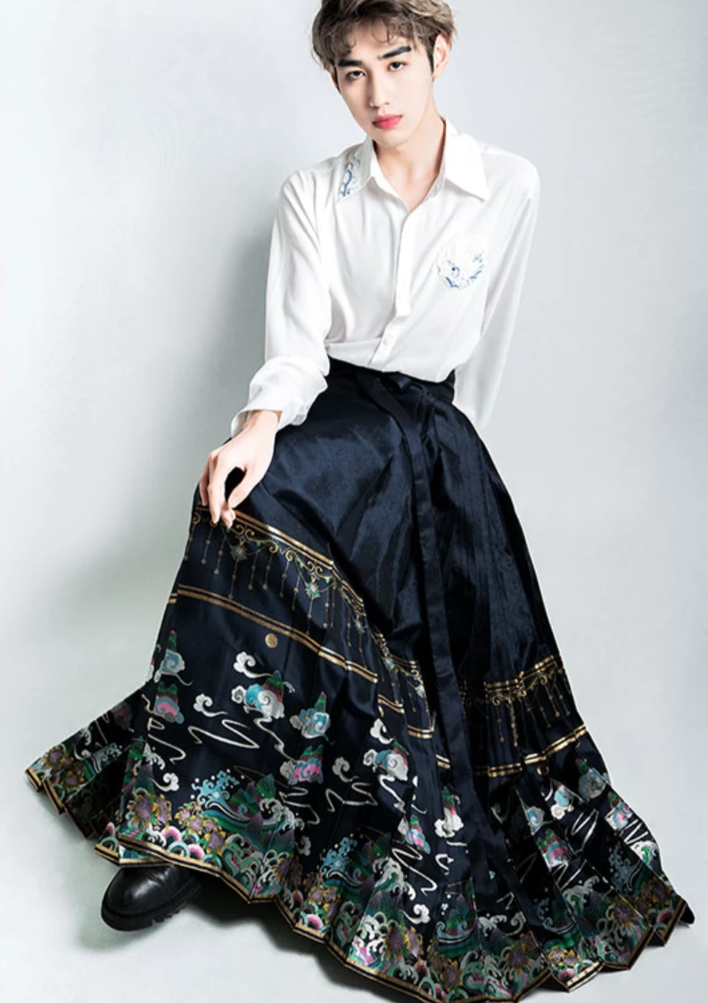 Unisex Modern Hanfu Daily Wide-Hem Skirt Black  | HANFUBAO