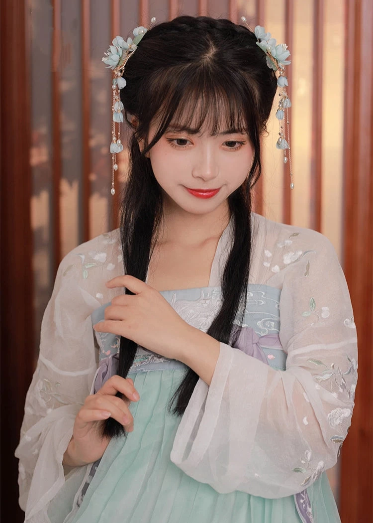 Women Yarn Flower Hair Clip & Earrings Set for Hanfu Daily Wear, Orchid Purple | HANFUBAO