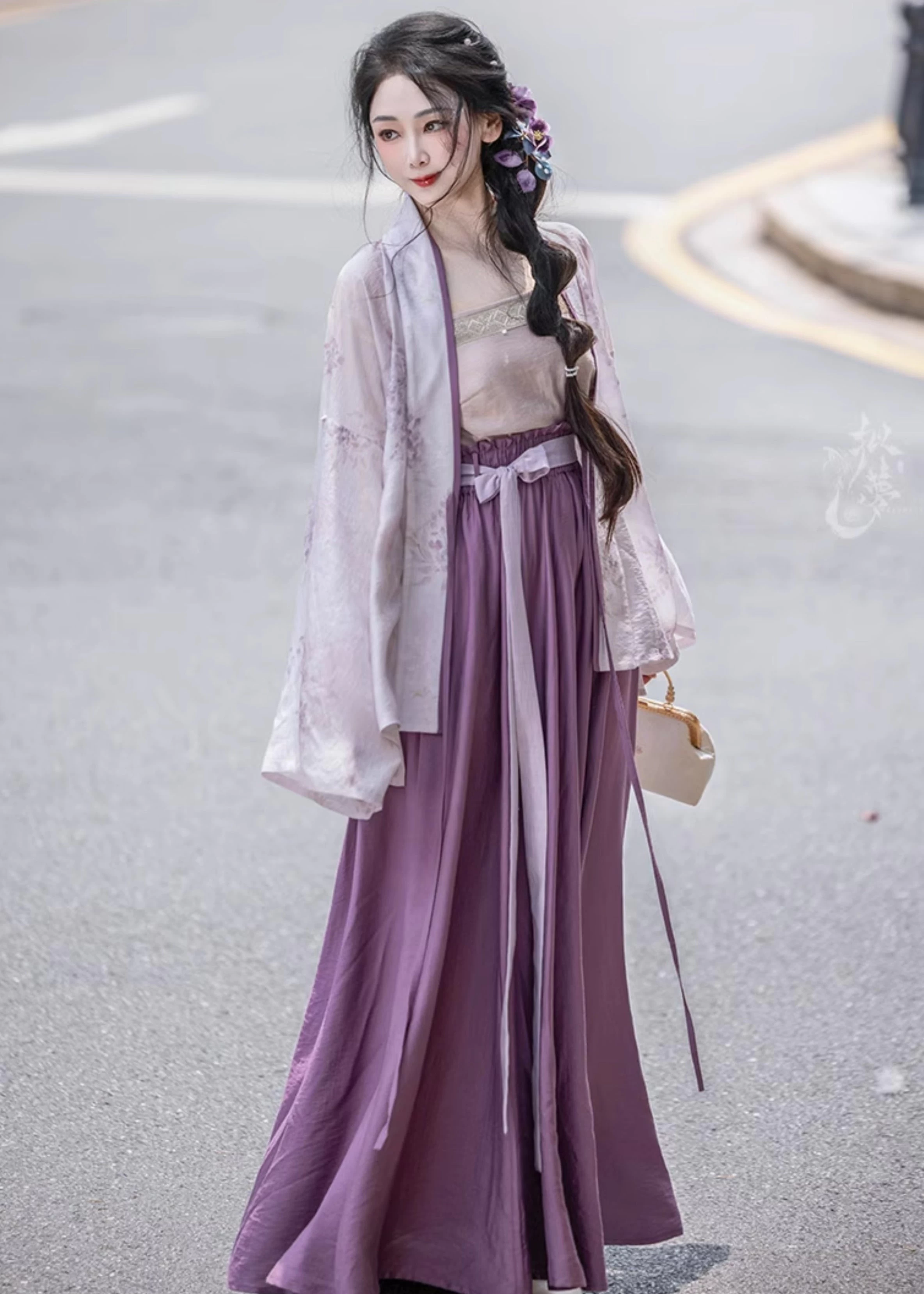 Women Viscose-Nylon Modern Daily Hanfu Set Wisteria Purple | HANFUBAO