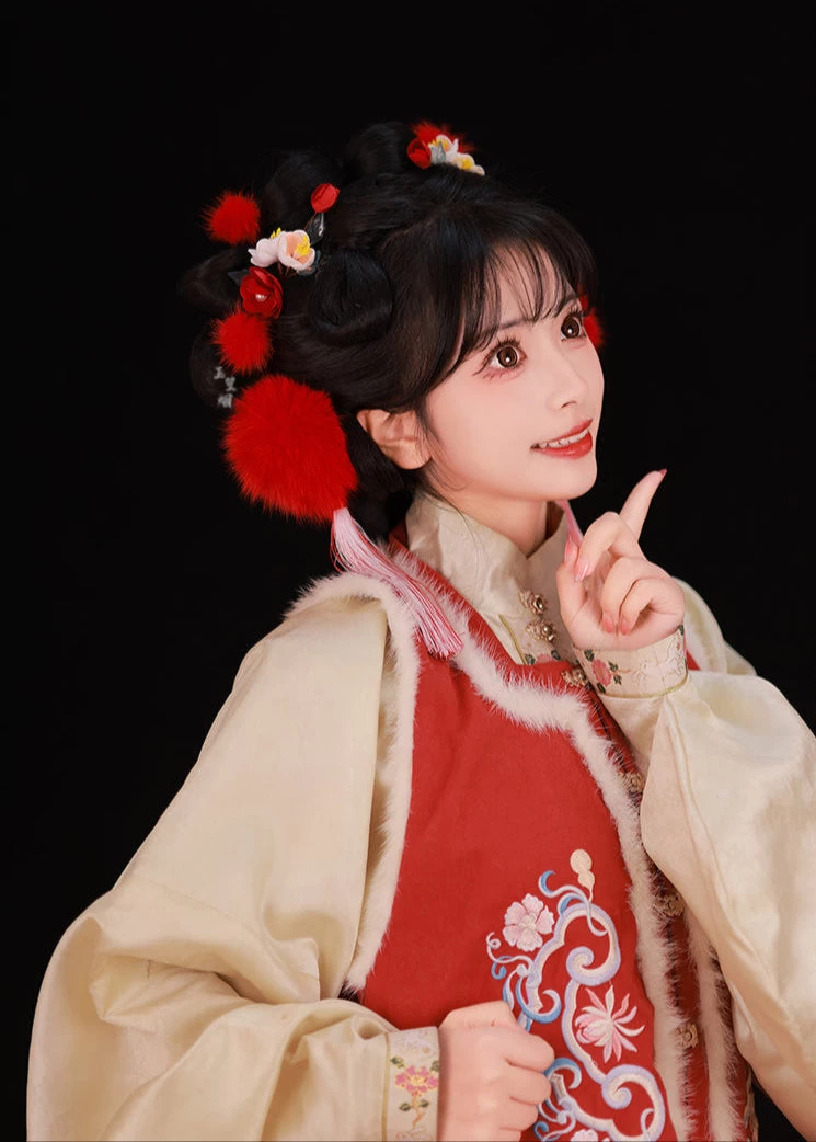 Women Fox Fur Hanfu Hair Pom Poms Snow White Set of 6 | HANFUBAO