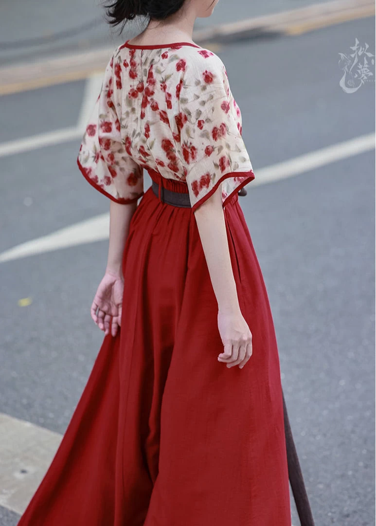 Women Modern Hanfu Linen-Blend 2pc Top Skirt Set Rose Tea | HANFUBAO