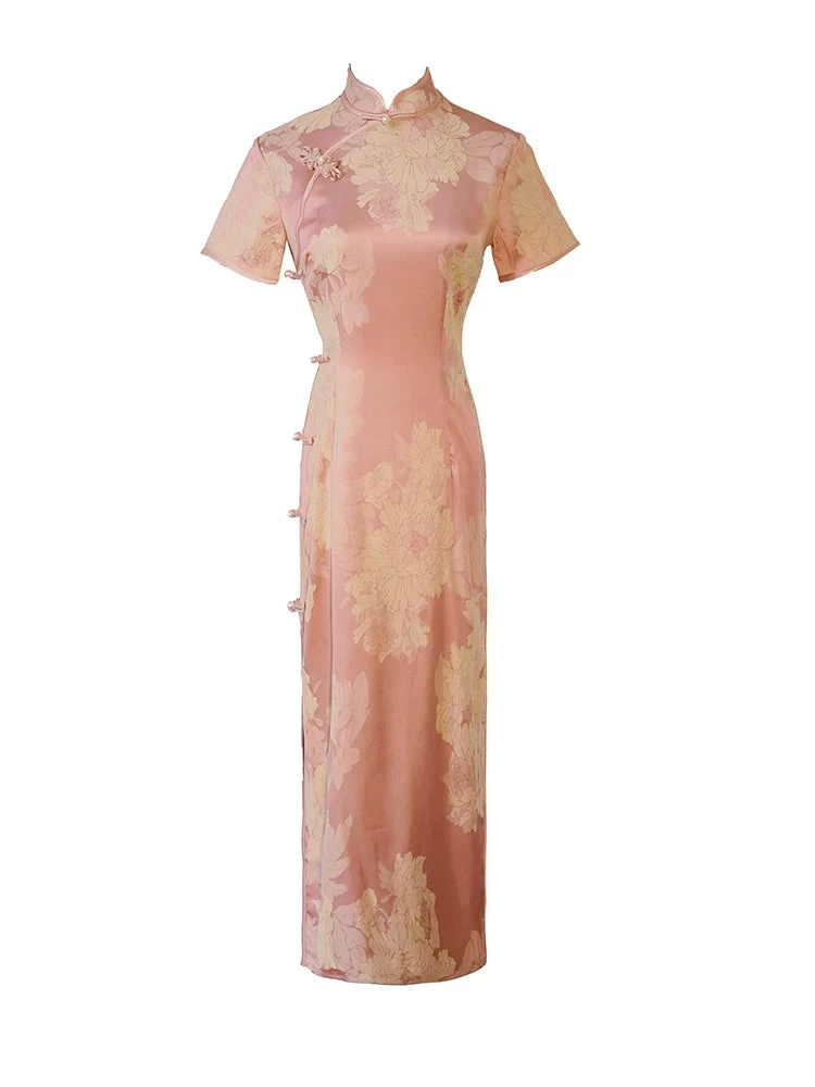 Women Satin Modern Hanfu Qipao Purple Peony Print | HANFUBAO