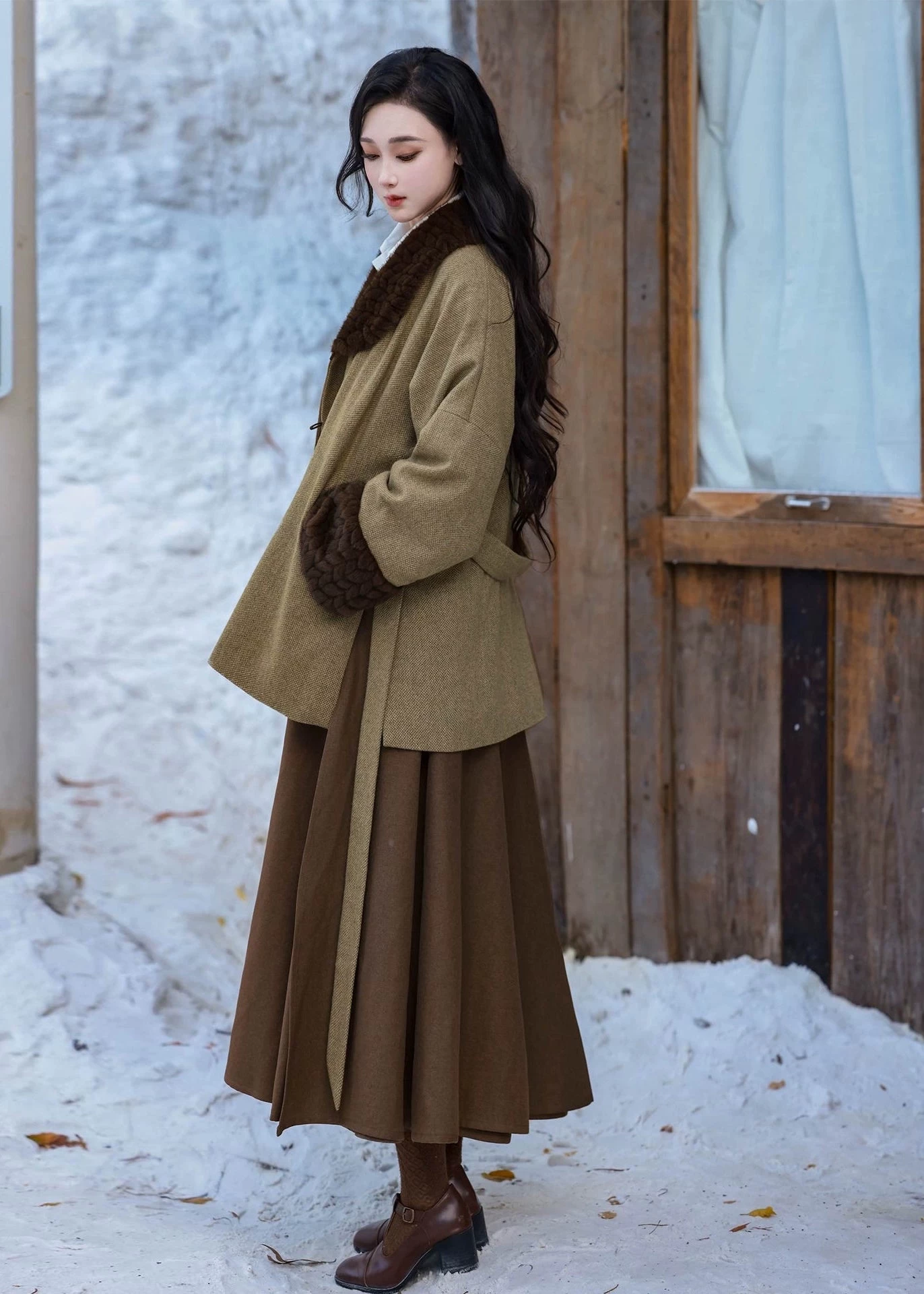 HANFUBAO | Women Wool-Blend Modern Hanfu 3-Piece Winter Set Khaki S-XL