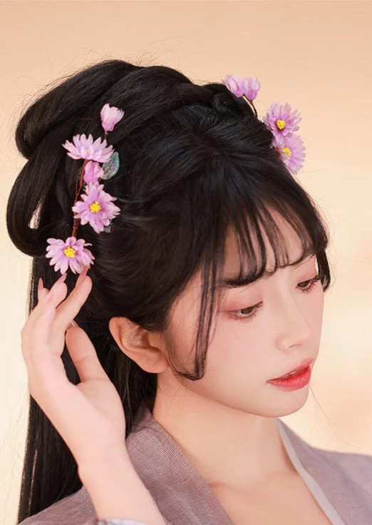 Women Daisy Flower Hair Clips Pair, Purple Yarn Hanfu Accessory | HANFUBAO