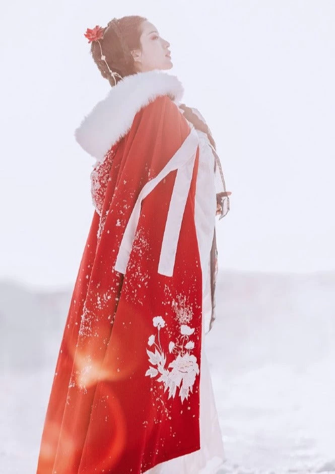 Women Modern Hanfu  Hooded Cape Red Peony Embroidery | HANFUBAO