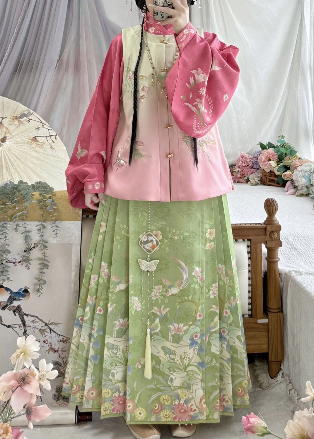 Women’s Plus Size Modern Daily Hanfu 3-Piece  Set Green | HANFUBAO