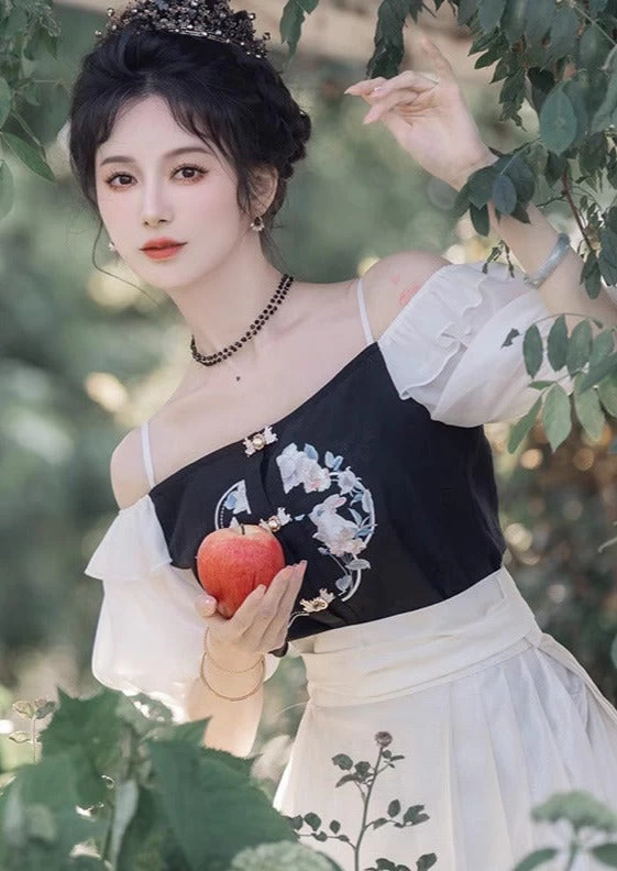 Women's Daily Hanfu Chiffon Puff Sleeve Top+Skirt Floral Rabbit Embroidery| HANFUBAO