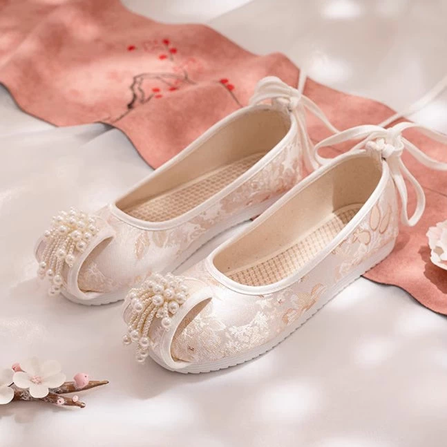 HANFUBAO | Women Canvas Hanfu Flats White Pearl Floral Embroidery US 5-8.5