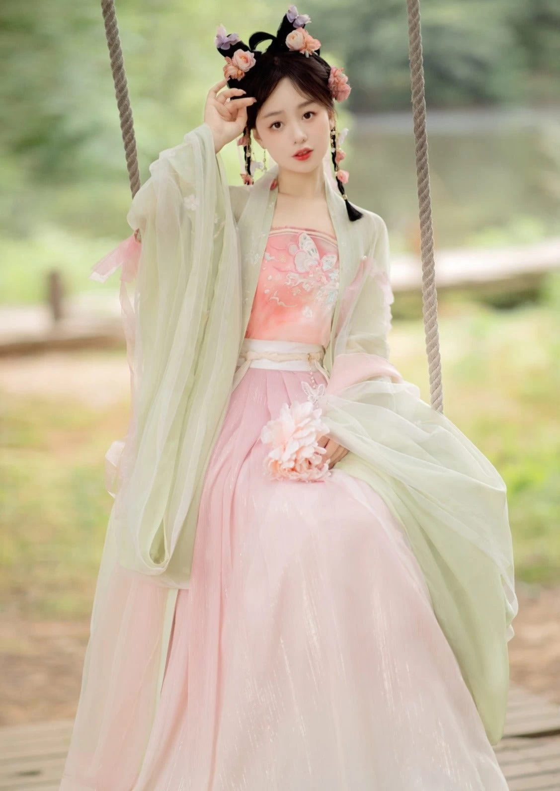 Women 5-Piece Pink Summer Hanfu Dress Set, Chiffon Scarf Daily Wear | HANFUBAO