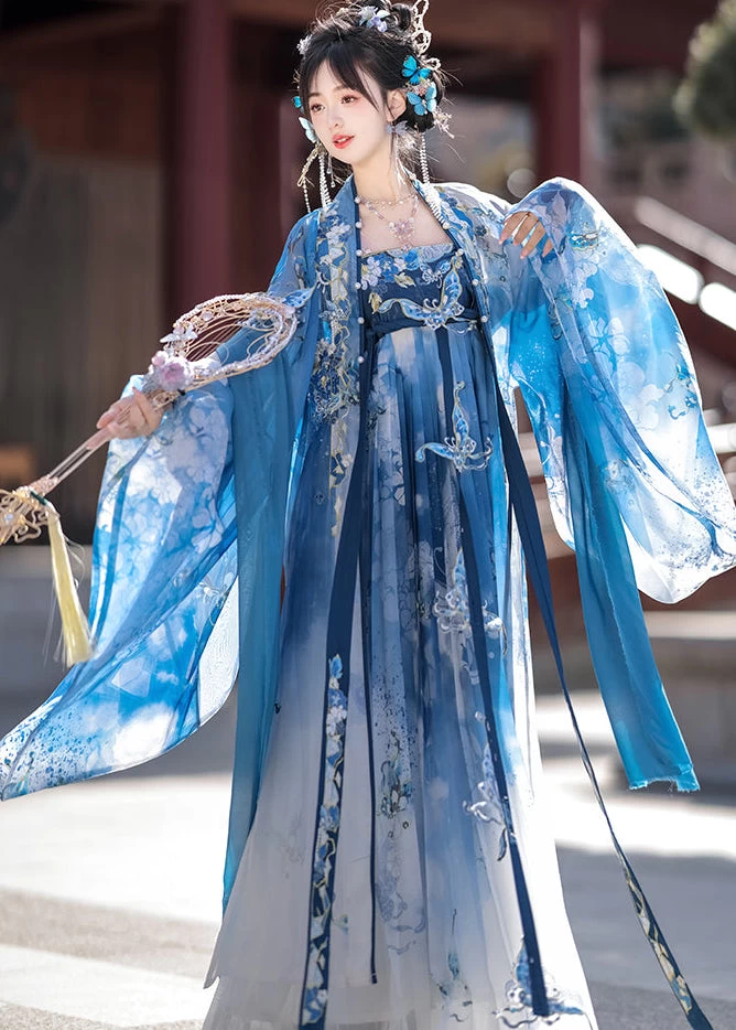 Women’s 4-Piece Daily Hanfu Blue Butterfly Dragon Embroidery Plus Size | HANFUBAO