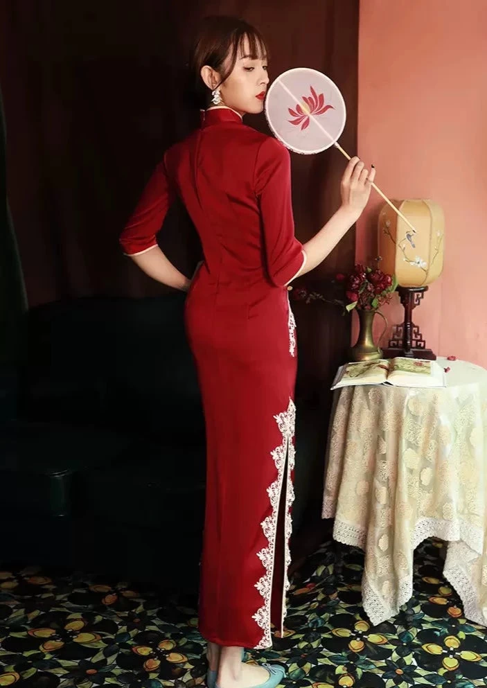 Women Modern Hanfu Satin Qipao Dress Ruby Red | HANFUBAO