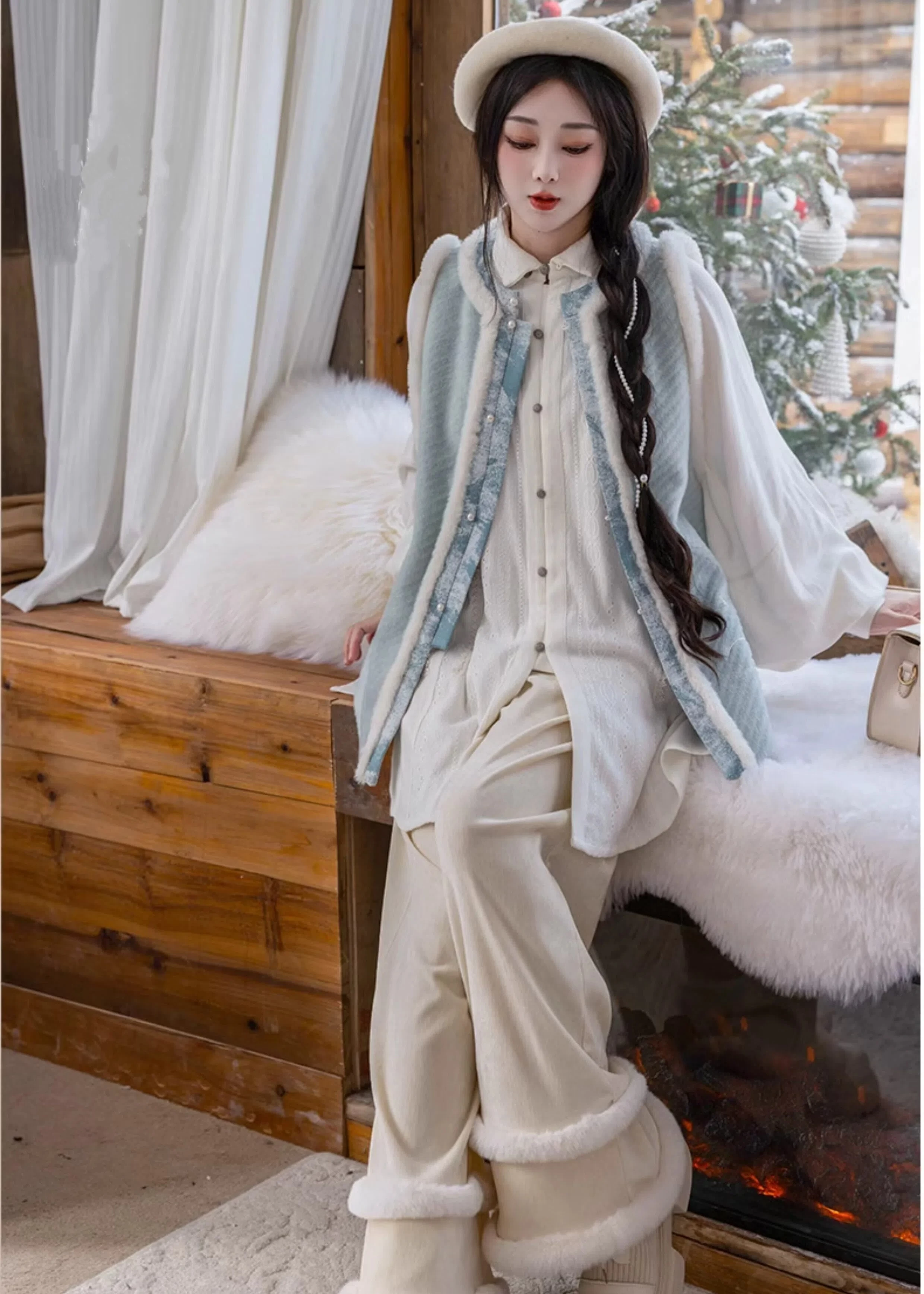 Women’s Linen-Blend Modern Daily Hanfu 3-Piece Set Snowy Plush | HANFUBAO