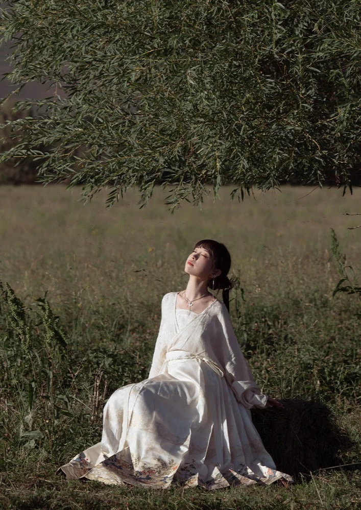 HANFUBAO | Women Cotton-Blend Hanfu Ma Mian Skirt 3pc Set Ivory/Red Brocade XS-XL