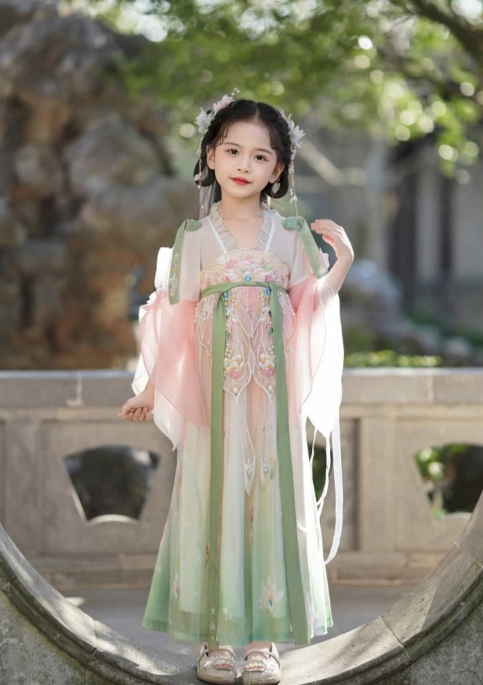 Girls Daily Hanfu Chiffon Pink Flower Embroidered Dress | HANFUBAO