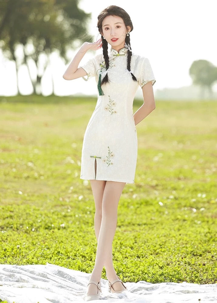 HANFUBAO | Women  Mini Qipao Dress Party Cheongsam White Rose Embroidery S-3XL