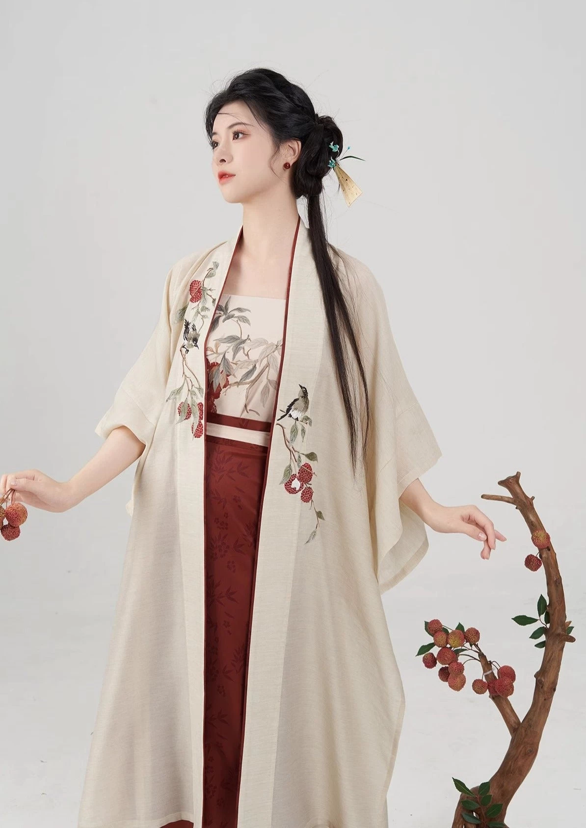 Women Modern Daily Hanfu 3-Piece Set Lychee Magpie Print| HANFUBAO