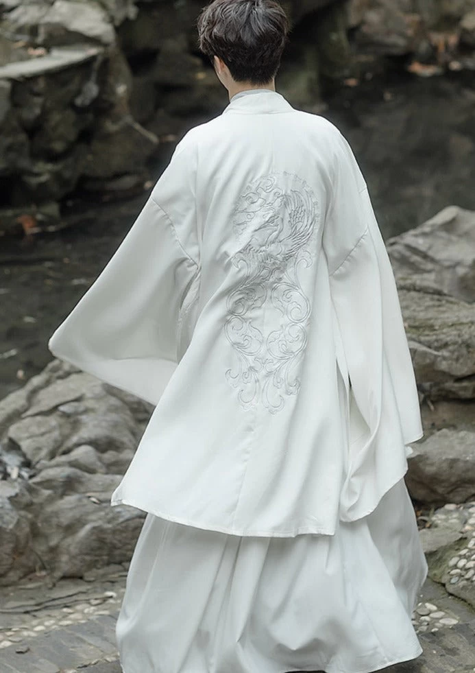 Men's Daily Hanfu Set White Crane Embroidery Yarn  Plus Size | HANFUBAO