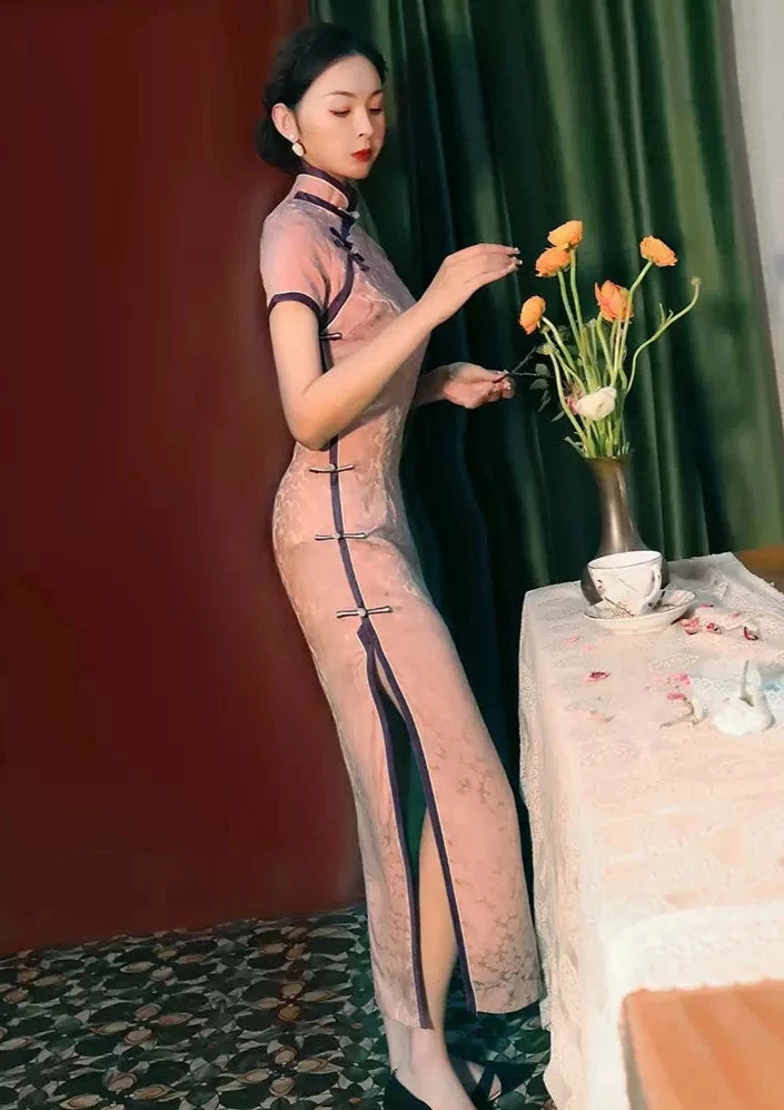 Women Acetate Satin Modern Hanfu Qipao Dress Pink Floral | HANFUBAO