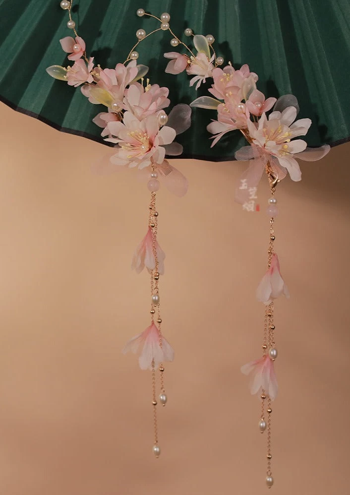 Women Crabapple Flower Yarn & Faux Pearl Hanfu Hair Clips Set (2pcs) | HANFUBAO