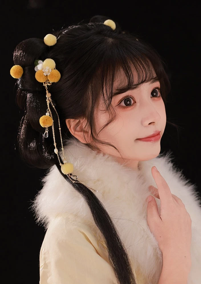 Women Hanfu Style Yarn Pom Pom Hair Clips w/ Faux Pearls Snow Ball 9cm | HANFUBAO