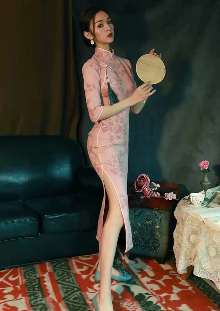 Women’s Faux Suede Modern Hanfu Qipao Dress Pink Print | HANFUBAO