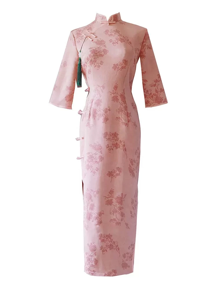 Women’s Faux Suede Modern Hanfu Qipao Dress Pink Print | HANFUBAO