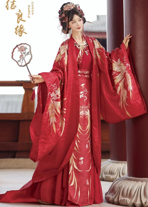 Women 3-Piece Wedding Hanfu Crane Feather Embroidered Red Plus Size| HANFUBAO