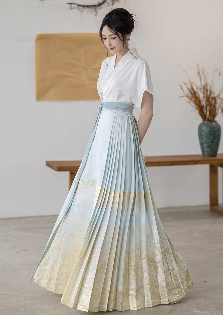 Women’s Modern 2-Piece Ma Mian Skirt Hanfu Set, Polyester-Cotton Blend | HANFUBAO