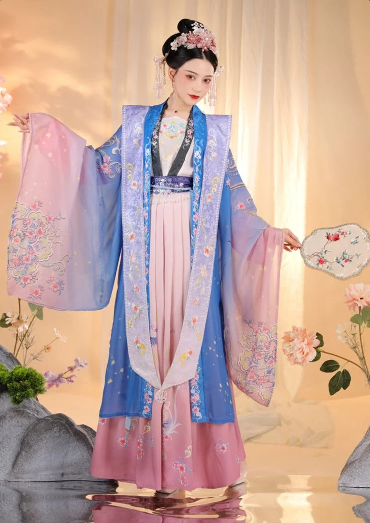 Women Modern Hanfu Set Blue Magpie Print & Flower Embroidery Ice Silk | HANFUBAO