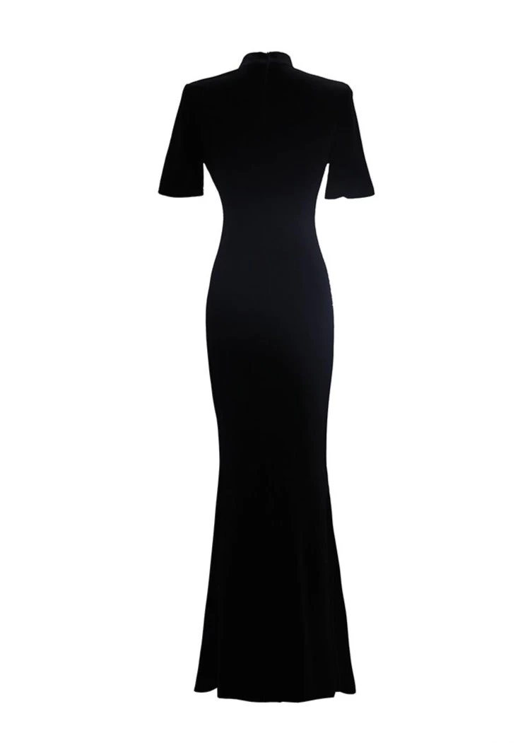Women Velvet Qipao Dress Black High Slit Evening Party| HANFUBAO
