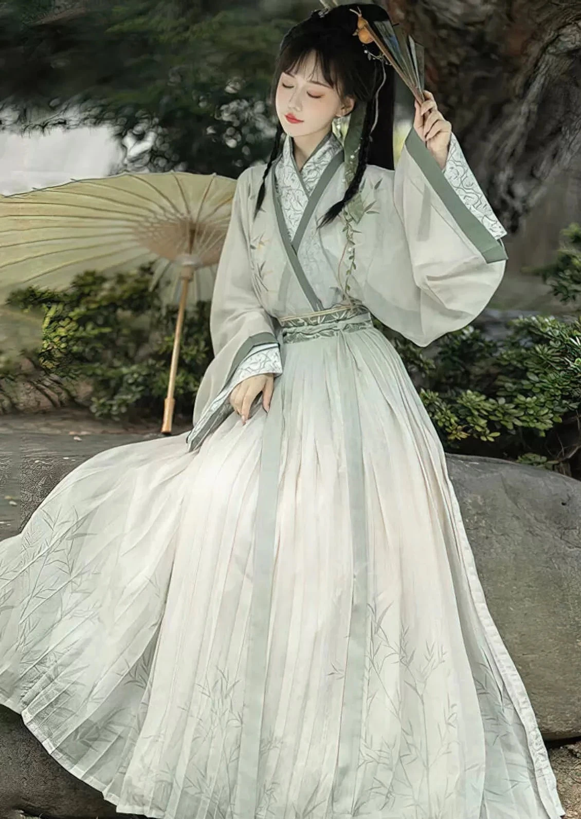 Unisex Bamboo Pattern Cotton Daily Hanfu 3-Piece Set (Plus Size) | HANFUBAO