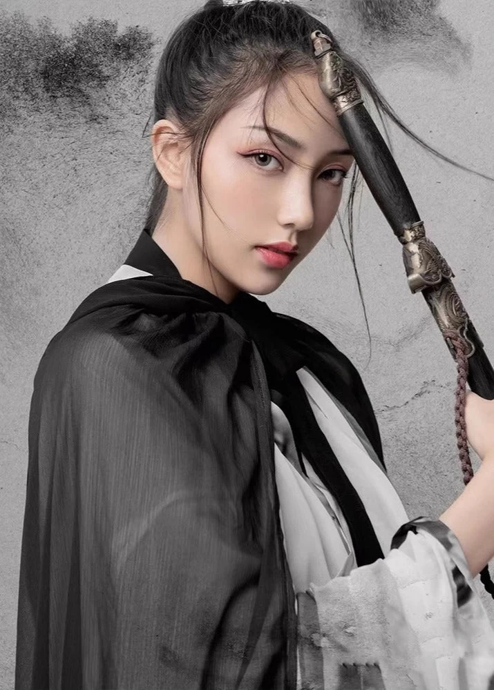 Unisex 3-Piece Daily Hanfu Set, Ink Shadow Chiffon Plus Size | HANFUBAO