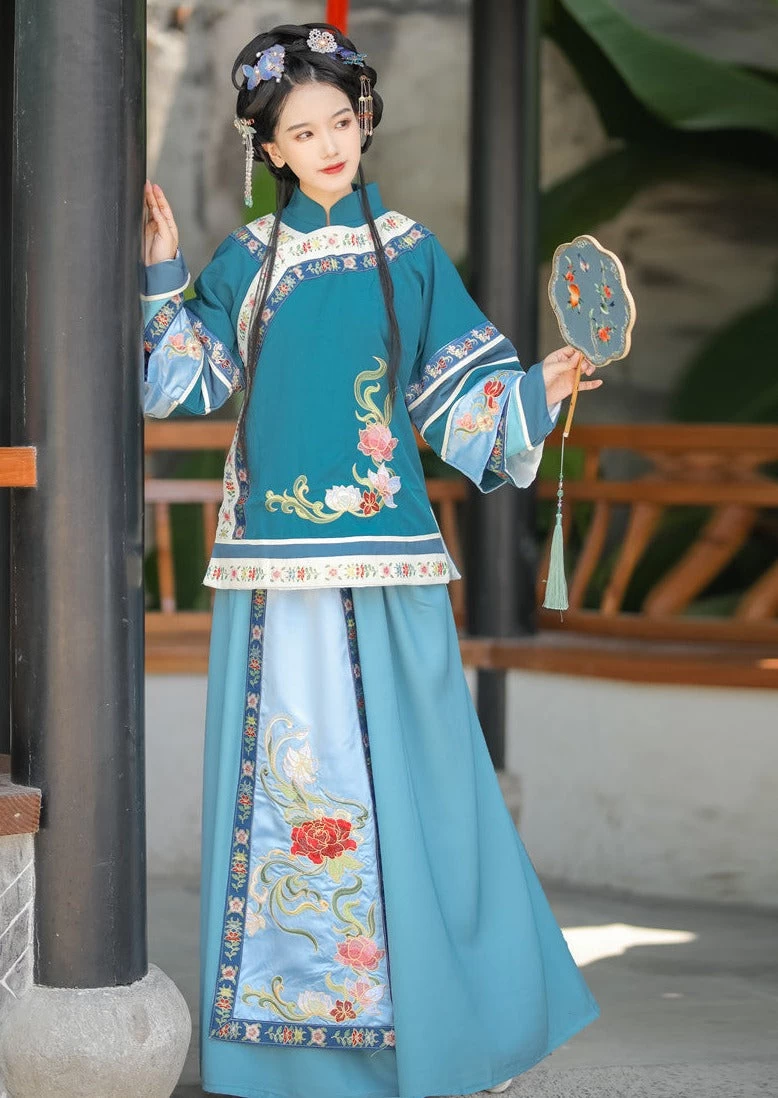 Women Modern Satin Qing Hanfu Set, Embroidered Blue Plus Size | HANFUBAO