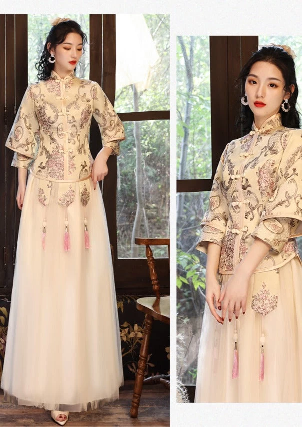 Women's Gold Chinese Style Hanfu Bridesmaid Dress Set Plus Size | HANFUBAO