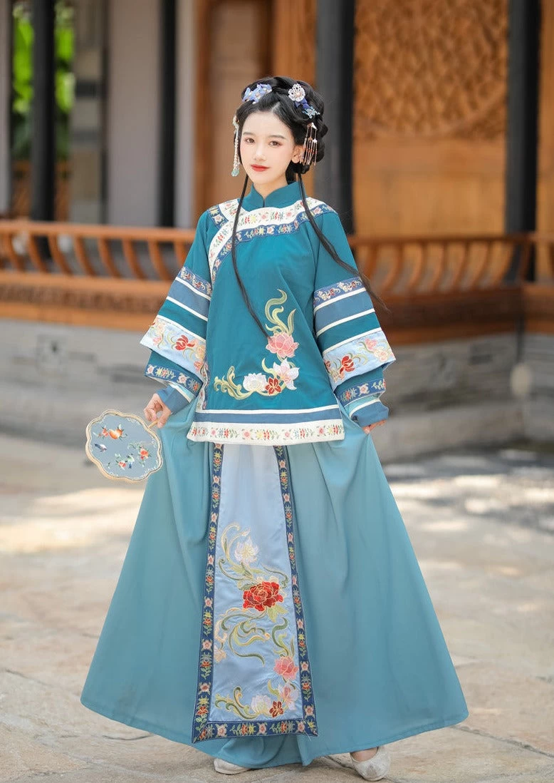 Women Modern Satin Qing Hanfu Set, Embroidered Blue Plus Size | HANFUBAO