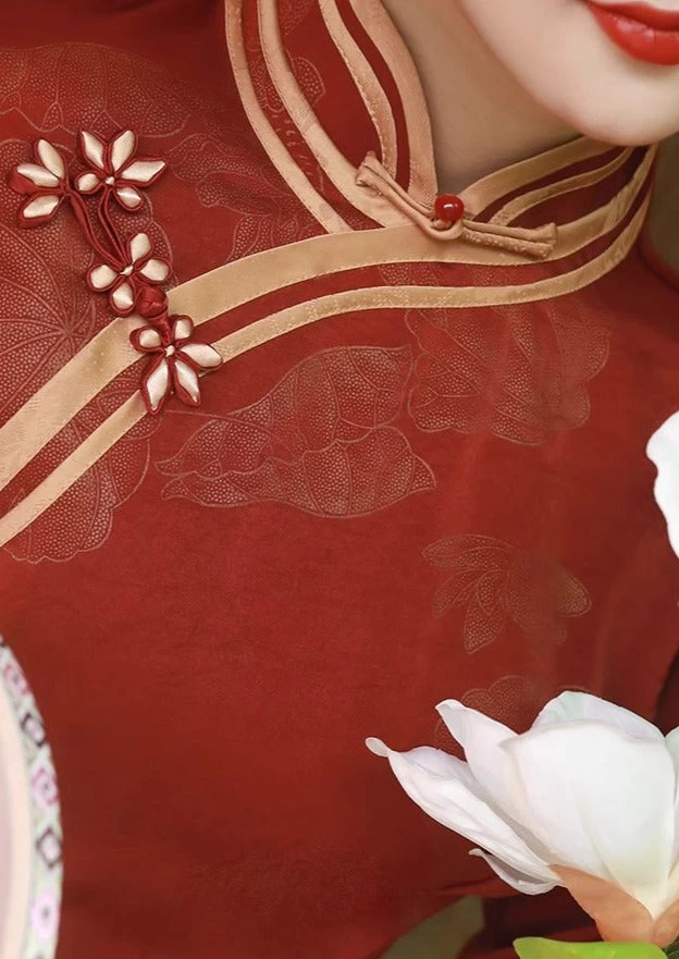 Women Acetate Satin Modern Hanfu Qipao Dress Wine Red | HANFUBAO