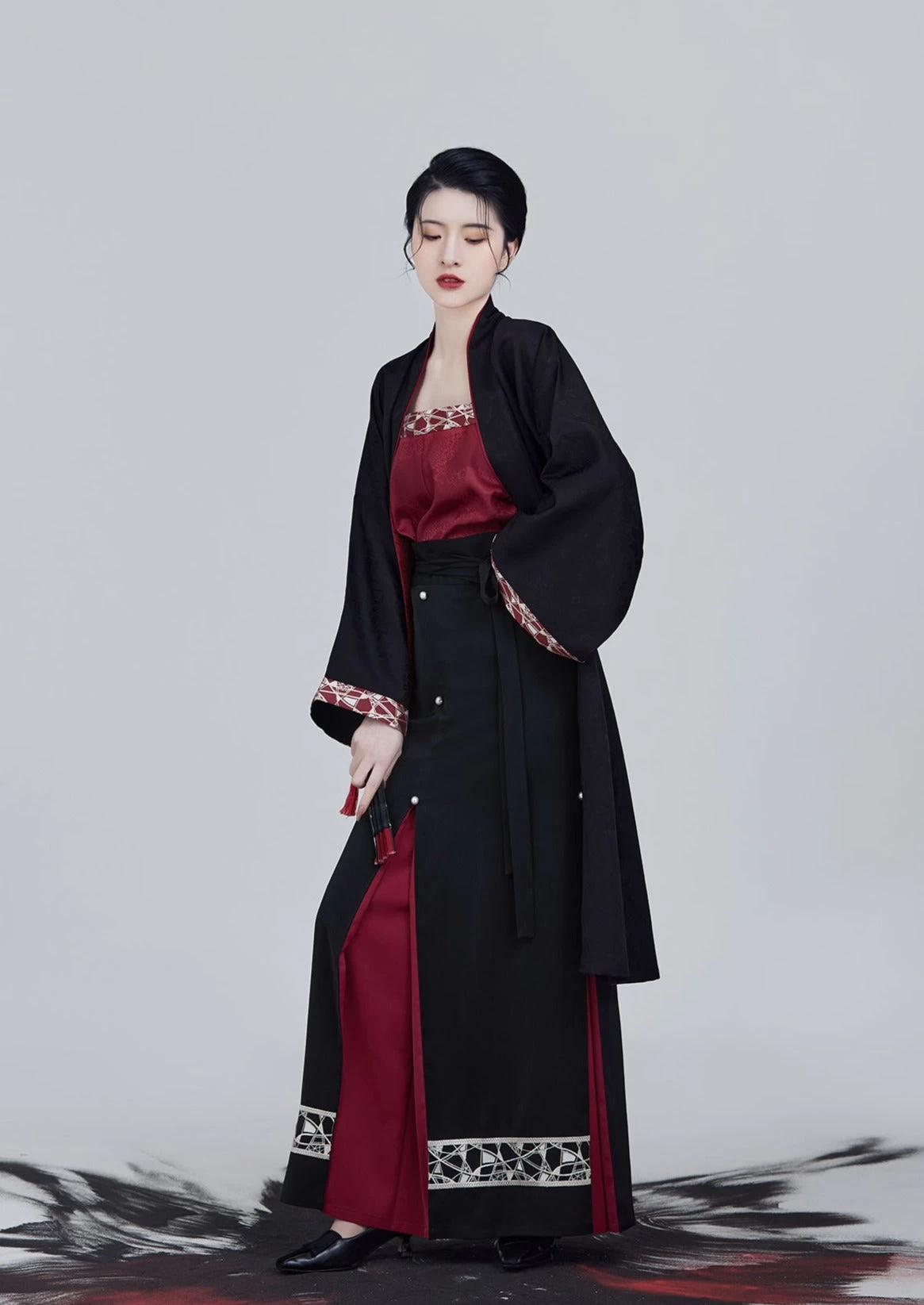 Women Modern Black Daily Hanfu Set Skirt+Top+Coverup | HANFUBAO