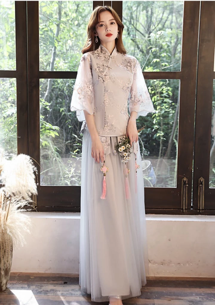 Women Chinese Style Hanfu Bridesmaid Dress Set Gray Plus Size | HANFUBAO